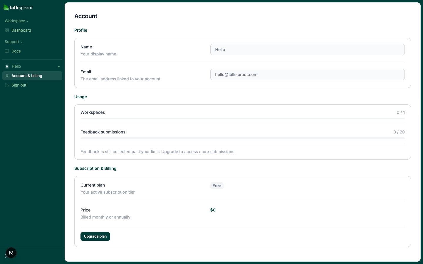 Screenshot showing the Subscription and Billing section of the account page